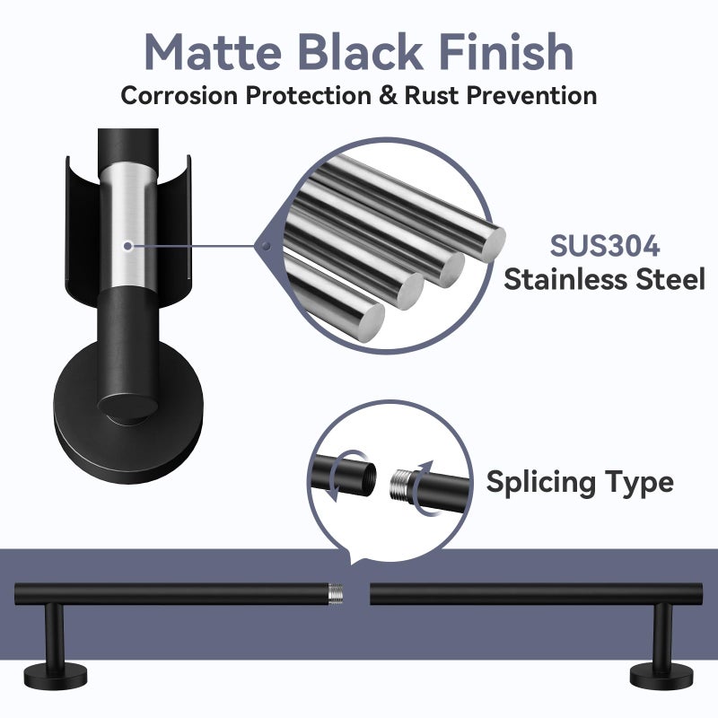 Bubxo Matte Black Towel Bar Set, 24 Inch Bathroom Hardware Set, Wall Mounted Bathroom Towel Holder Set, Modern Bathroom Accessories, Durable SUS304 Stainless Steel, 4-Piece - Image 3