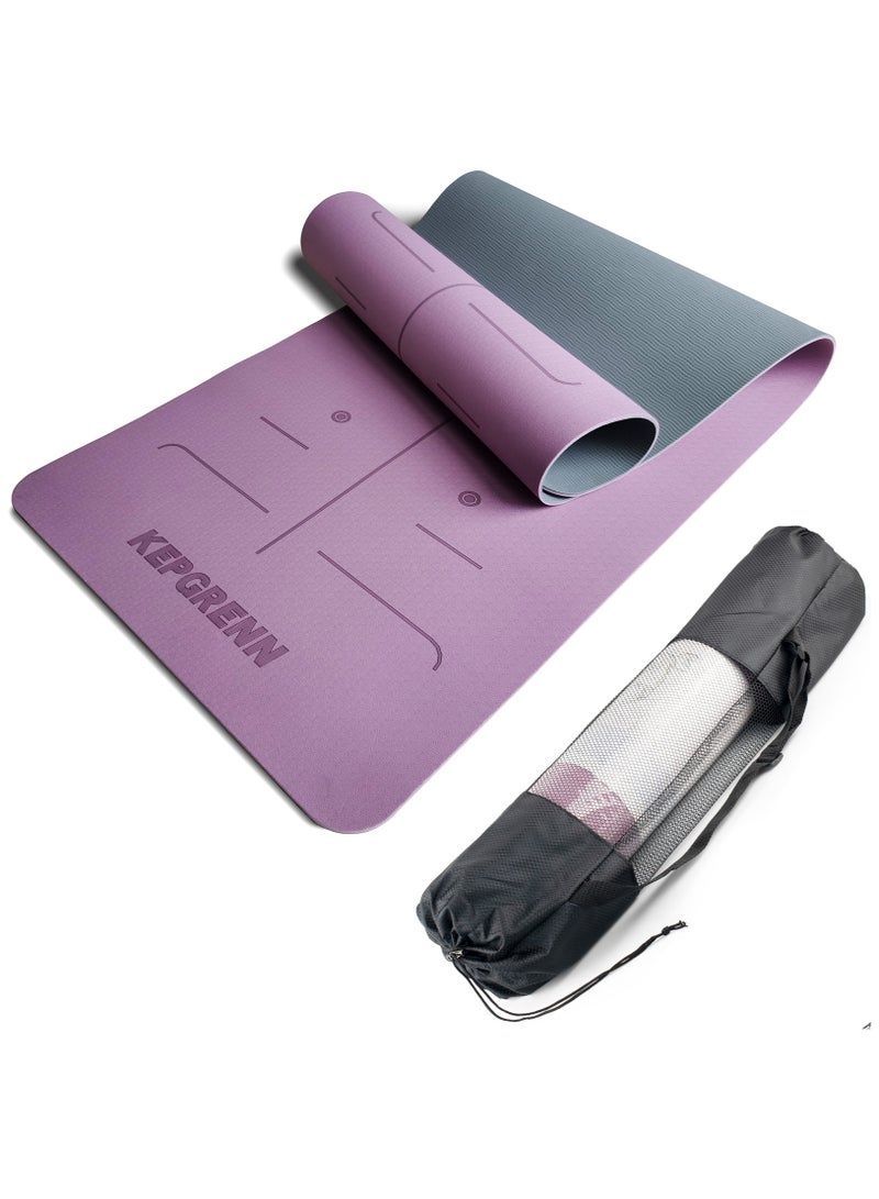Nariele Yoga Mat, TPE Pilates Gym Exercise Mat Non-Slip Fitness Mat with Body Line and Carry Bag (Purple) - Image 1