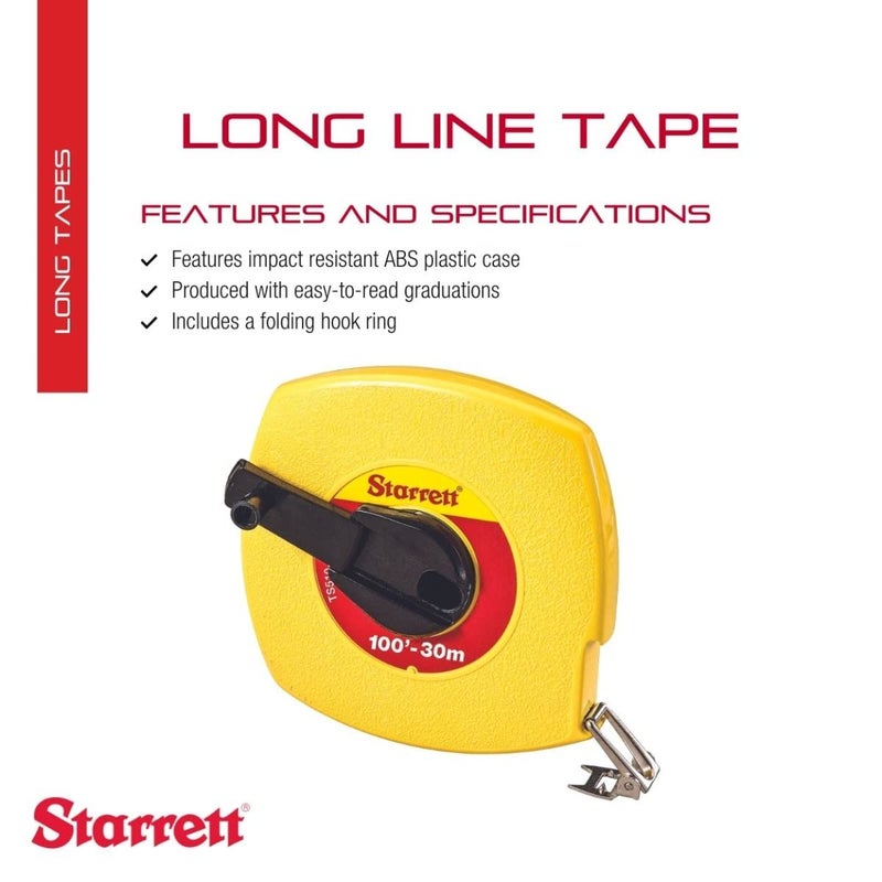 Starrett Retractable Imperial/Metric Long Line Tape with ABS Plastic Case and Folding Hook Ring - 100' Length, 3/8" Width, L6 Graduation Style Number - KTS510-100ME-N - Image 2