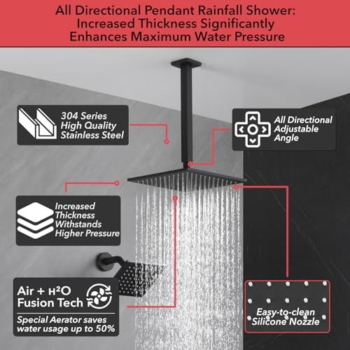 VANFOXLE Shower Faucet Set Matte Black Shower System,Four Modes Shower Faucet with 2 in 1 Handheld,Ceiling Mount 10 Inch Shower Head with 6 Inch Shower Head, 4 PCS Dual Modes Body Jets - Image 3