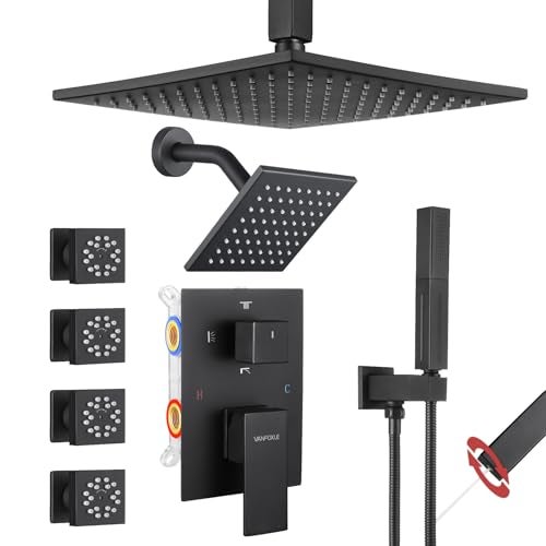 VANFOXLE Shower Faucet Set Matte Black Shower System,Four Modes Shower Faucet with 2 in 1 Handheld,Ceiling Mount 10 Inch Shower Head with 6 Inch Shower Head, 4 PCS Dual Modes Body Jets - Image 1
