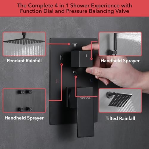 VANFOXLE Shower Faucet Set Matte Black Shower System,Four Modes Shower Faucet with 2 in 1 Handheld,Ceiling Mount 10 Inch Shower Head with 6 Inch Shower Head, 4 PCS Dual Modes Body Jets - Image 5