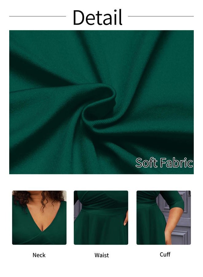 CLOCOR Women's Plus Size Midi Dress 3/4 Sleeve A-Line Swing Dress V Neck Flowy Casual Dresses Dark Green 6X-Large - Image 5