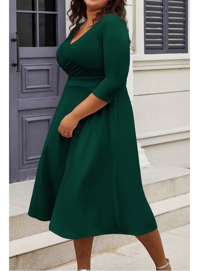 CLOCOR Women's Plus Size Midi Dress 3/4 Sleeve A-Line Swing Dress V Neck Flowy Casual Dresses Dark Green 6X-Large - Image 3