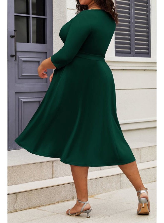 CLOCOR Women's Plus Size Midi Dress 3/4 Sleeve A-Line Swing Dress V Neck Flowy Casual Dresses Dark Green 6X-Large - Image 4