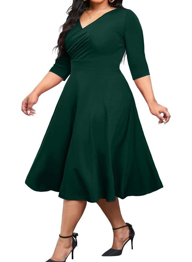 CLOCOR Women's Plus Size Midi Dress 3/4 Sleeve A-Line Swing Dress V Neck Flowy Casual Dresses Dark Green 6X-Large - Image 1