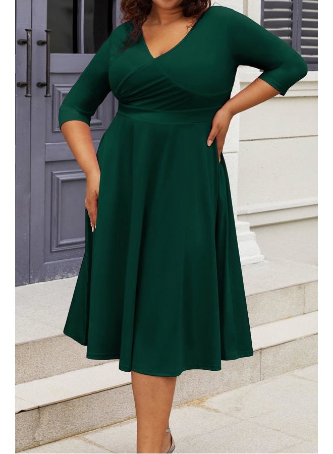 CLOCOR Women's Plus Size Midi Dress 3/4 Sleeve A-Line Swing Dress V Neck Flowy Casual Dresses Dark Green 6X-Large - Image 2