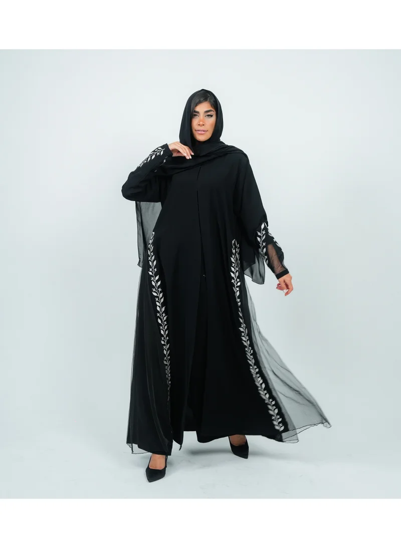 روزيت عباية عباية أنيقة مطرزة بالورود البيضاء و اللولو