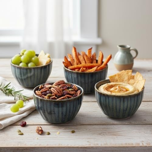 Beyond Homes Ceramic Serving Bowl Set of 4, 200 ml | Glossy Finish Microwave Safe Kharbuja, Melon Bowls for Kitchen, Ceramic Dinnerware Katori for Dal, Desserts & Snacks | Set of 4, Blue Brown - Image 3