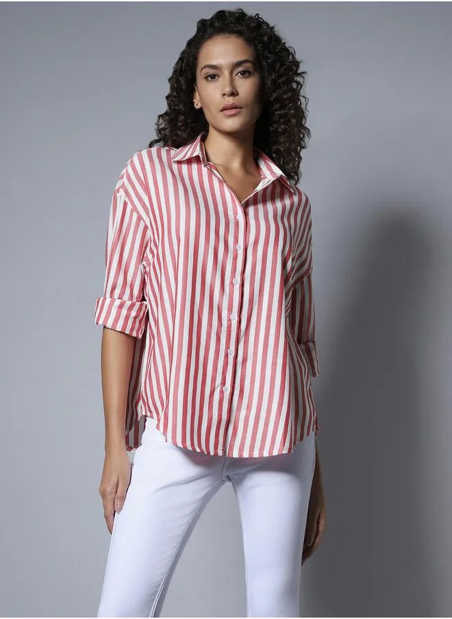 HIGH STAR Striped Spread Collar Boxy Longline Shirt by Styli