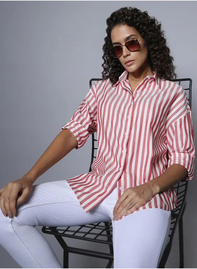 HIGH STAR Striped Spread Collar Boxy Longline Shirt by Styli