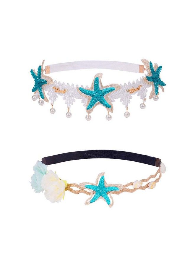 PH PandaHall 2 Strand Seashell Headband Mermaid Sea Star Starfish Hairbands Bohemia Wedding Flower Ocean Starfish Shell Lace Headband Elastic Hairband Flowers Starfish Seashell Mermaid Costume - Image 2