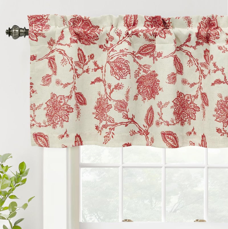 DriftAway Freda Jacobean Floral Linen Blend Blackout Thermal Insulated Energy Saving Privacy Window Linen Curtain Valance Rod Pocket 2 Layers Single 52 Inch by 18 Inch Plus 2 Inch Header Red Beige