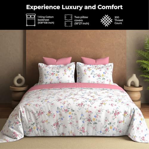Plumora 100% Cotton Bed Sheet for King Size Bed 300 TC, 1 King Size Bed Sheet (108x108 Inches) with 2 Pillow Covers, Premium Bedsheet for Double Bed King Size (Pink, Rose Sky) - Image 2
