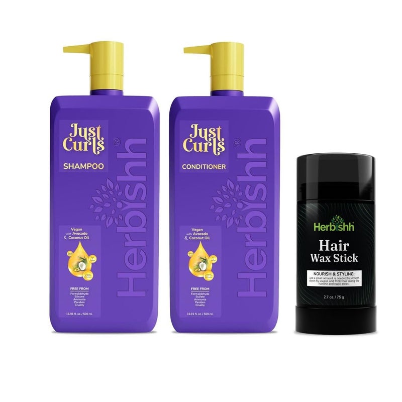 Herbishh Just Curls Coconut & Avocado Oil Infused Curly Hair Shampoo And Conditioner Set + Hair Wax Stick For Women & Men - Image 1