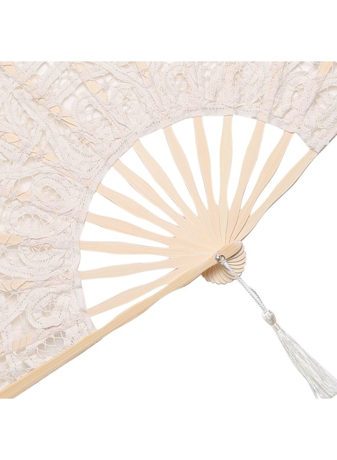 Cotton Lace Folding Handheld Fan Embroidered Bridal Hand Fan with Bamboo Staves for Wedding Decoration Dancing Party (Beige) - Image 2
