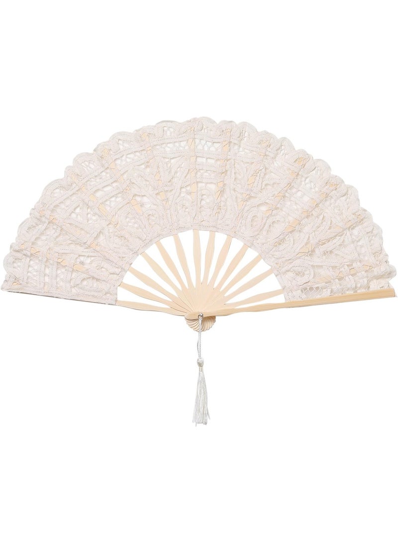 Cotton Lace Folding Handheld Fan Embroidered Bridal Hand Fan with Bamboo Staves for Wedding Decoration Dancing Party (Beige) - Image 1