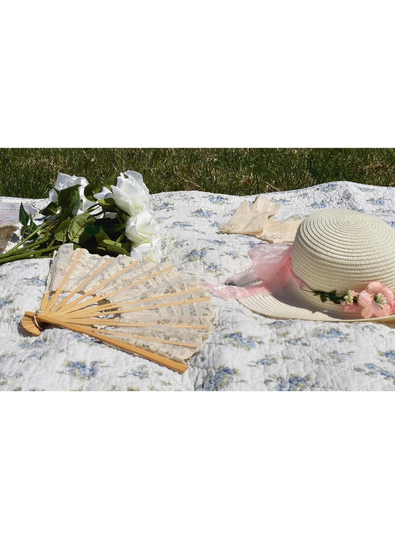 Cotton Lace Folding Handheld Fan Embroidered Bridal Hand Fan with Bamboo Staves for Wedding Decoration Dancing Party (Beige) - Image 5