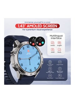 SWISS MILITARY DOM5 Smartwatch 1.43-inch AMOLED, Bluetooth Calling, Multi Language, Health And Sports Tracking, Wireless Charging, 7 Days Battery, IP68, iOS/Android Compatible, Silver Frame with Blue Strap  - Image 2