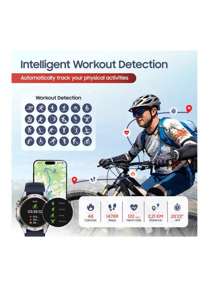 SWISS MILITARY - DOM5 Smartwatch 1.43-inch AMOLED, Bluetooth Calling, Multi Language, Health And Sports Tracking, Wireless Charging, 7 Days Battery, IP68, iOS/Android Compatible, Silver Frame with Blue Strap - Image 1