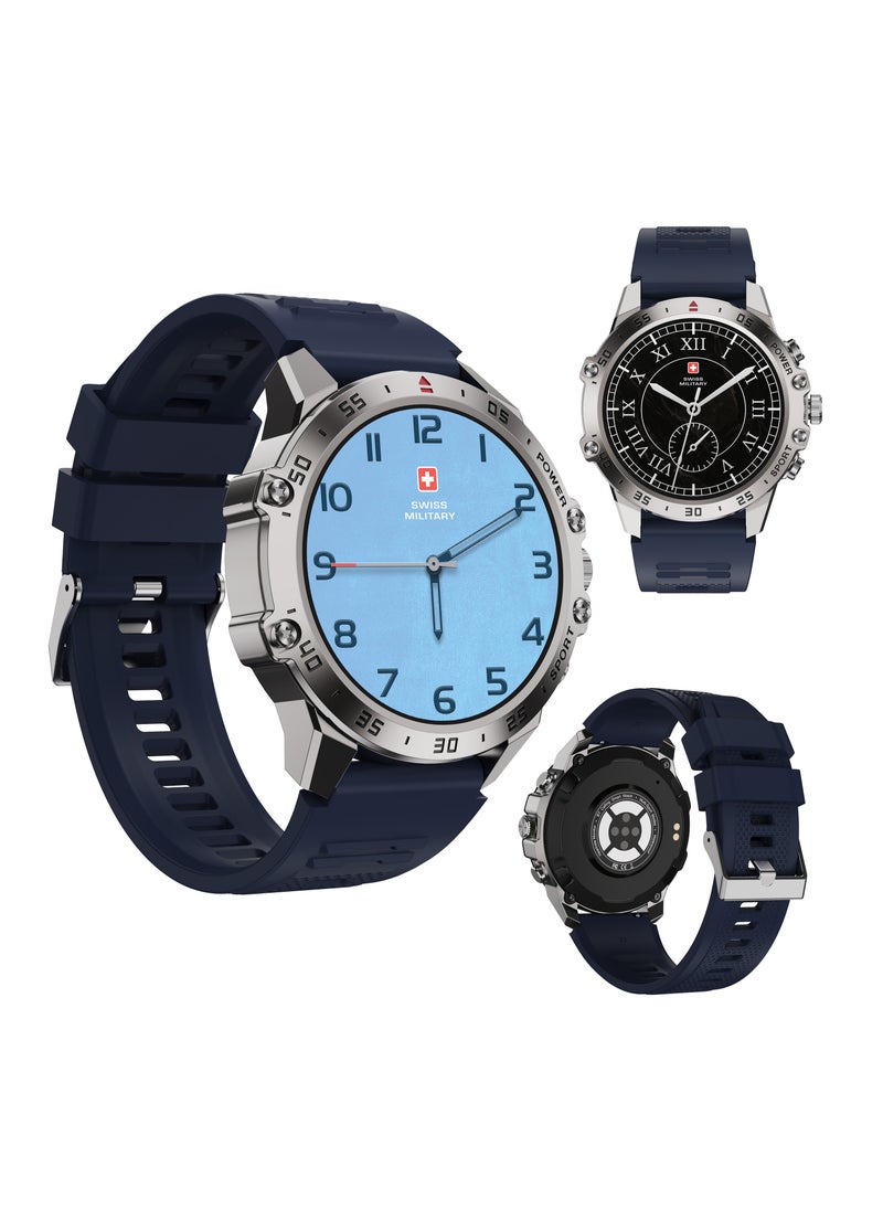 SWISS MILITARY - DOM5 Smartwatch 1.43-inch AMOLED, Bluetooth Calling, Multi Language, Health And Sports Tracking, Wireless Charging, 7 Days Battery, IP68, iOS/Android Compatible, Silver Frame with Blue Strap - Image 1