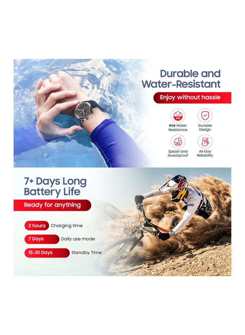 SWISS MILITARY - DOM5 Smartwatch 1.43-inch AMOLED, Bluetooth Calling, Multi Language, Health And Sports Tracking, Wireless Charging, 7 Days Battery, IP68, iOS/Android Compatible, Silver Frame with Blue Strap - Image 1