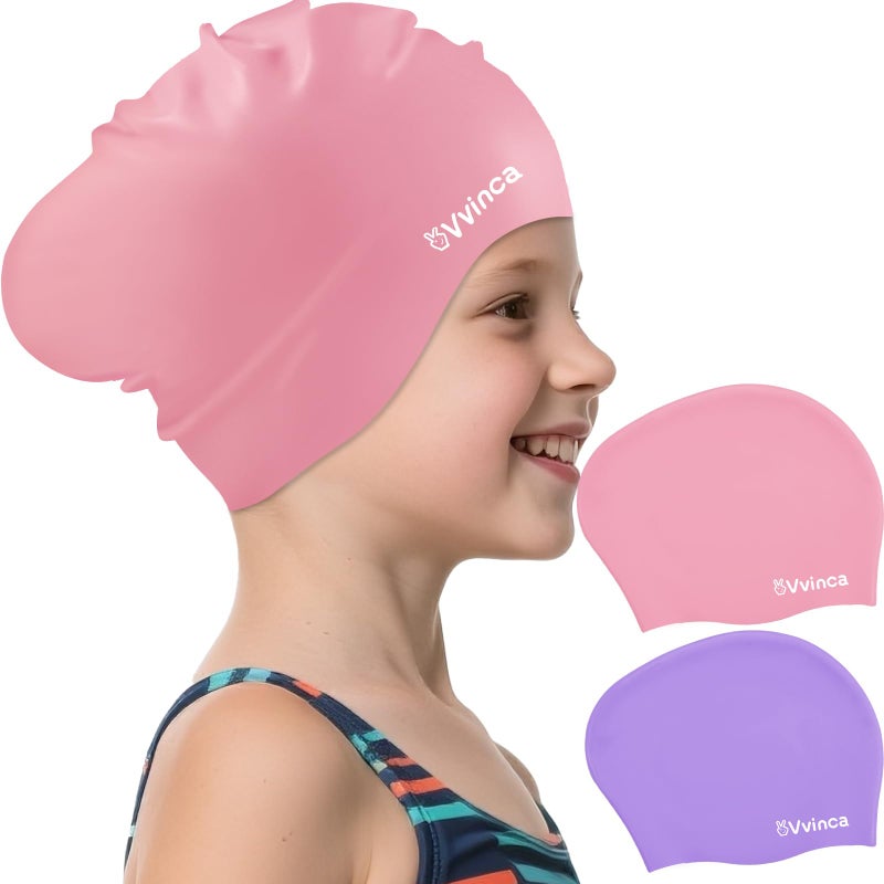 Vvinca Swim Cap Kids for Long Hair Braids Curly, 2 Pack Silicone Waterproof Swimming Caps for Toddler Girls Boys Age 3-8 Keep Hair Dry Pool Water Swim Hats - Image 1