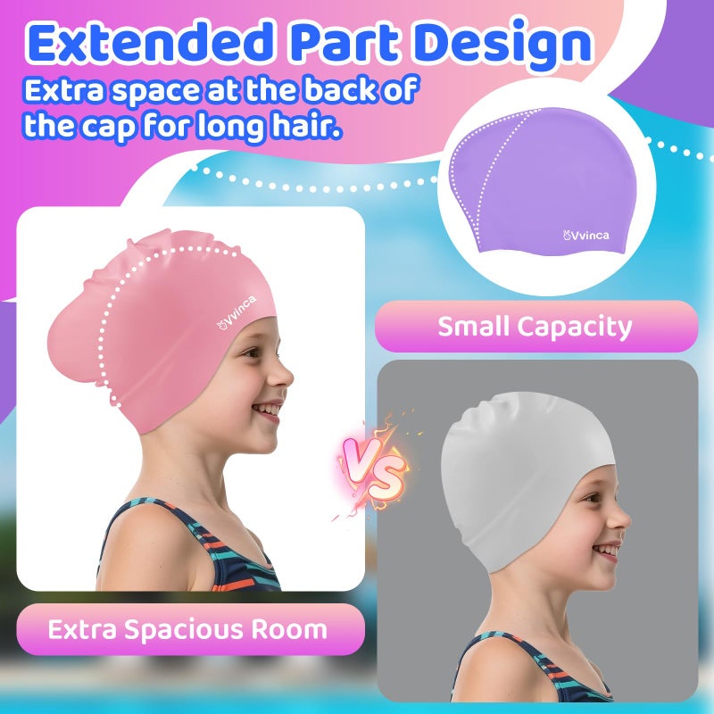 Vvinca Swim Cap Kids for Long Hair Braids Curly, 2 Pack Silicone Waterproof Swimming Caps for Toddler Girls Boys Age 3-8 Keep Hair Dry Pool Water Swim Hats - Image 3