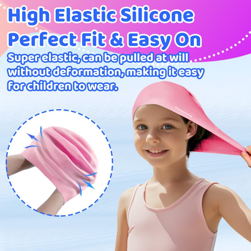 Vvinca Swim Cap Kids for Long Hair Braids Curly, 2 Pack Silicone Waterproof Swimming Caps for Toddler Girls Boys Age 3-8 Keep Hair Dry Pool Water Swim Hats - Image 5