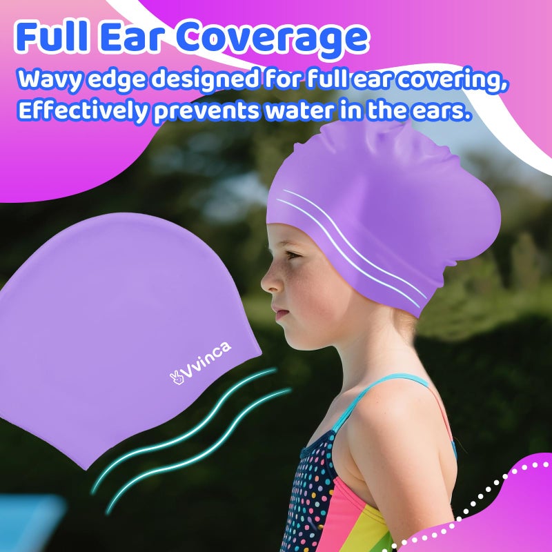 Vvinca Swim Cap Kids for Long Hair Braids Curly, 2 Pack Silicone Waterproof Swimming Caps for Toddler Girls Boys Age 3-8 Keep Hair Dry Pool Water Swim Hats - Image 4