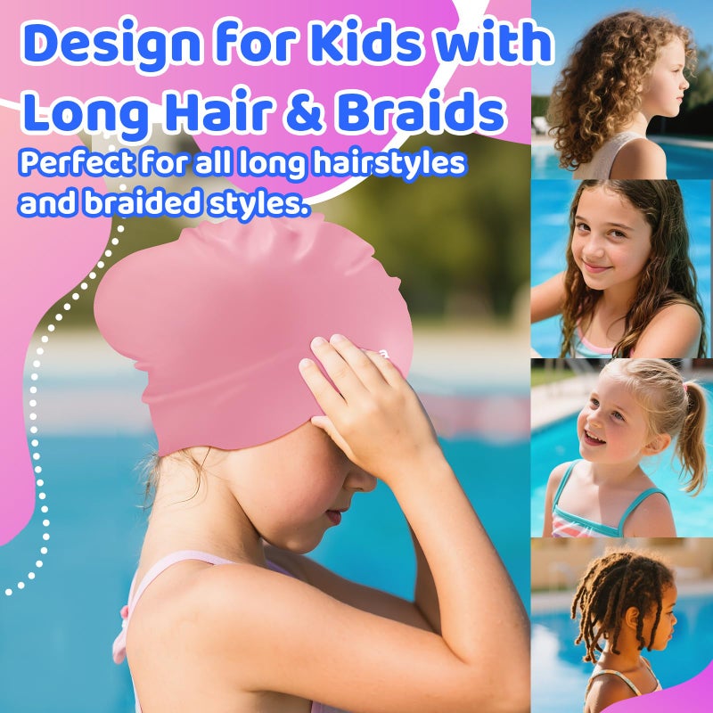 Vvinca Swim Cap Kids for Long Hair Braids Curly, 2 Pack Silicone Waterproof Swimming Caps for Toddler Girls Boys Age 3-8 Keep Hair Dry Pool Water Swim Hats - Image 2
