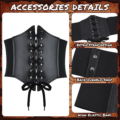 Suhine 3 Pcs Renaissance Pirate Costume Women Medieval Victorian Outfit High Low Skirt Blouse Top Viking Corset (Black,Xl) - Image 4