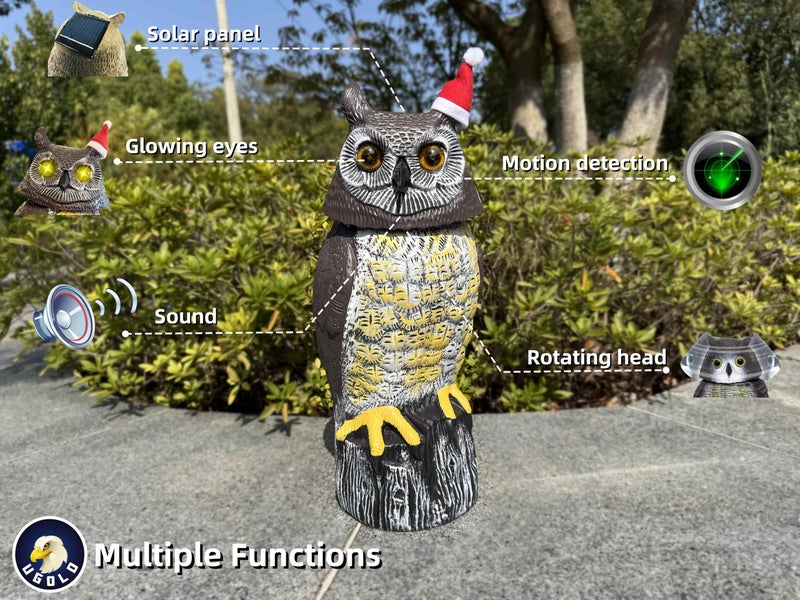 Ugold Solar Powered Owl with Christmas Hat, Motion Detection, Rotating Head, Realistic Hoots and Silent Mode, Outdoor Statue, Sculpture, Owl Decoration for Home, Garden, Patio and Lawn - Image 2