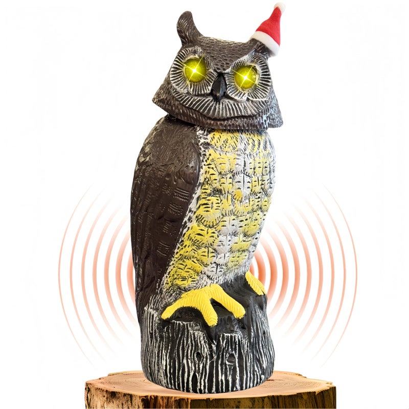 Ugold Solar Powered Owl with Christmas Hat, Motion Detection, Rotating Head, Realistic Hoots and Silent Mode, Outdoor Statue, Sculpture, Owl Decoration for Home, Garden, Patio and Lawn - Image 1