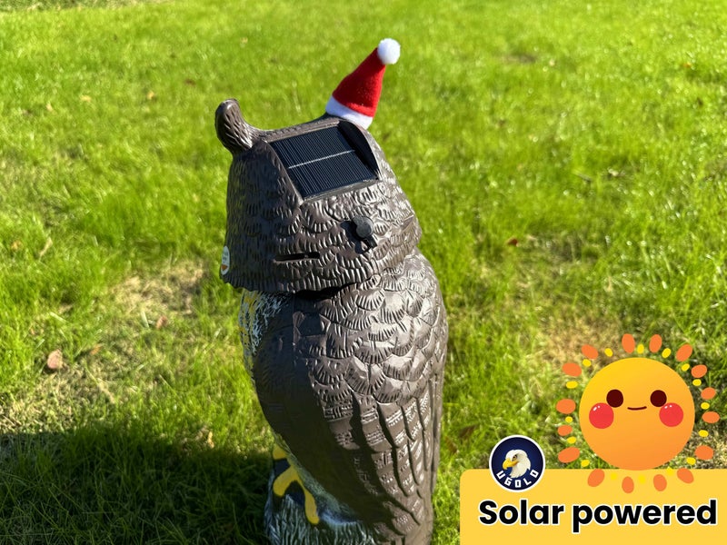Ugold Solar Powered Owl with Christmas Hat, Motion Detection, Rotating Head, Realistic Hoots and Silent Mode, Outdoor Statue, Sculpture, Owl Decoration for Home, Garden, Patio and Lawn - Image 5