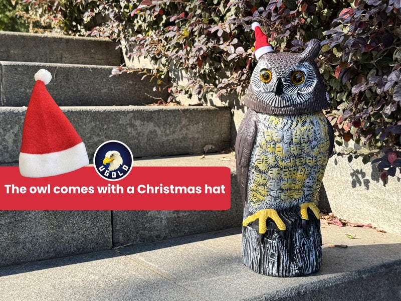 Ugold Solar Powered Owl with Christmas Hat, Motion Detection, Rotating Head, Realistic Hoots and Silent Mode, Outdoor Statue, Sculpture, Owl Decoration for Home, Garden, Patio and Lawn - Image 4