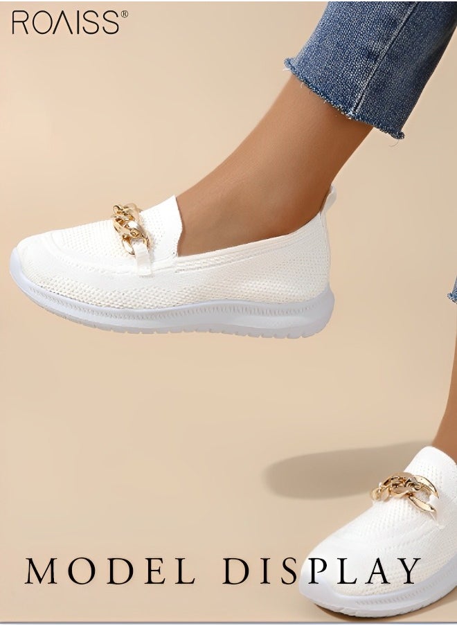 Women's Mesh Knitted Soft Sole Lefu Shoes Thick Sole Anti Slip Elastic Flat Sole Sports Shoes Metal Chain Decorated Jogging Shoes Athlesiure Shoes