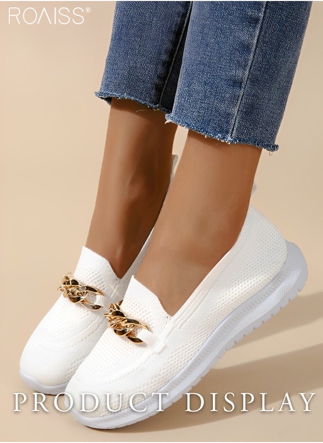 Women's Mesh Knitted Soft Sole Lefu Shoes Thick Sole Anti Slip Elastic Flat Sole Sports Shoes Metal Chain Decorated Jogging Shoes Athlesiure Shoes