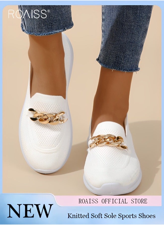 Women's Mesh Knitted Soft Sole Lefu Shoes Thick Sole Anti Slip Elastic Flat Sole Sports Shoes Metal Chain Decorated Jogging Shoes Athlesiure Shoes