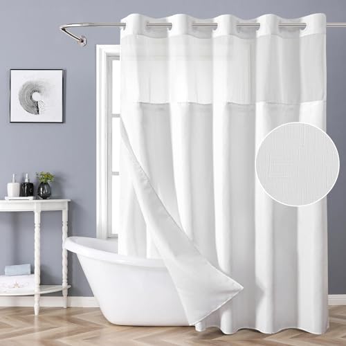 eachope White No Hook Shower Curtain with Snap-in Fabric Liner Set,Slub Textured Fabric Shower Curtains for Bathroom,Hotel Style Modern Shower Curtain,Water Repellent & Washable,71x74(72) - Image 1