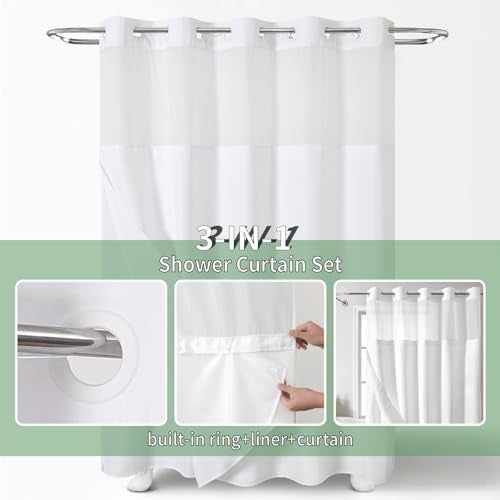 eachope White No Hook Shower Curtain with Snap-in Fabric Liner Set,Slub Textured Fabric Shower Curtains for Bathroom,Hotel Style Modern Shower Curtain,Water Repellent & Washable,71x74(72) - Image 2