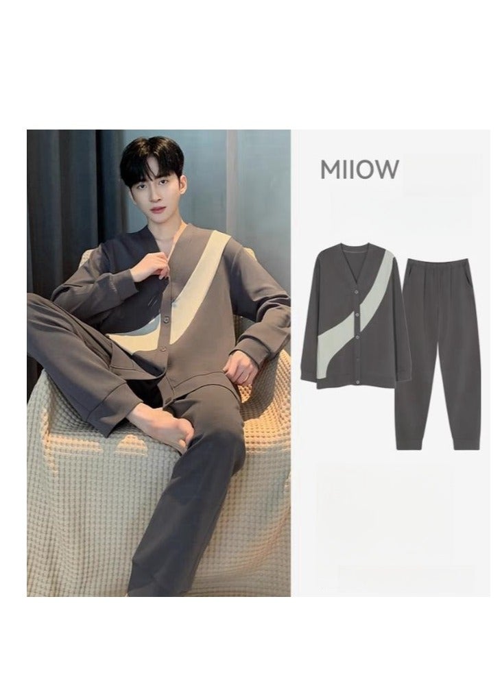 MIIOW Men's Pure Cotton V-Neck Long Sleeved Plus Size Home Suit Set - Image 1