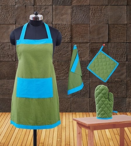 Dekor world Premium Cotton Colour Bonanza Kitchen Apron Set (Pack of 4 Pcs) Apron, Gloves, Pot Holder, Kitchen Towel for Unisex - Image 4