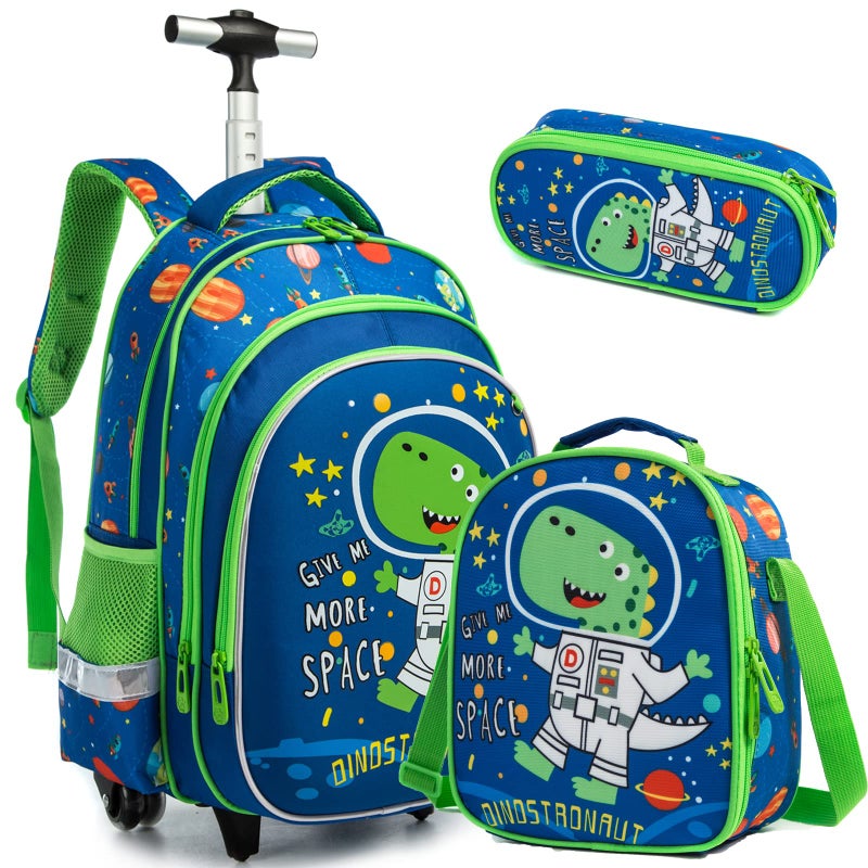 Egchescebo Egchescebo School Bags Kids Rolling Dinosaur Backpack for Boys Kids Luggage Kids Suitcase With Wheels Trolley Wheeled Backpacks for Boys Travel Bags 3PCS Boys Cat Backpack With Lunch Box Blue  - Image 1