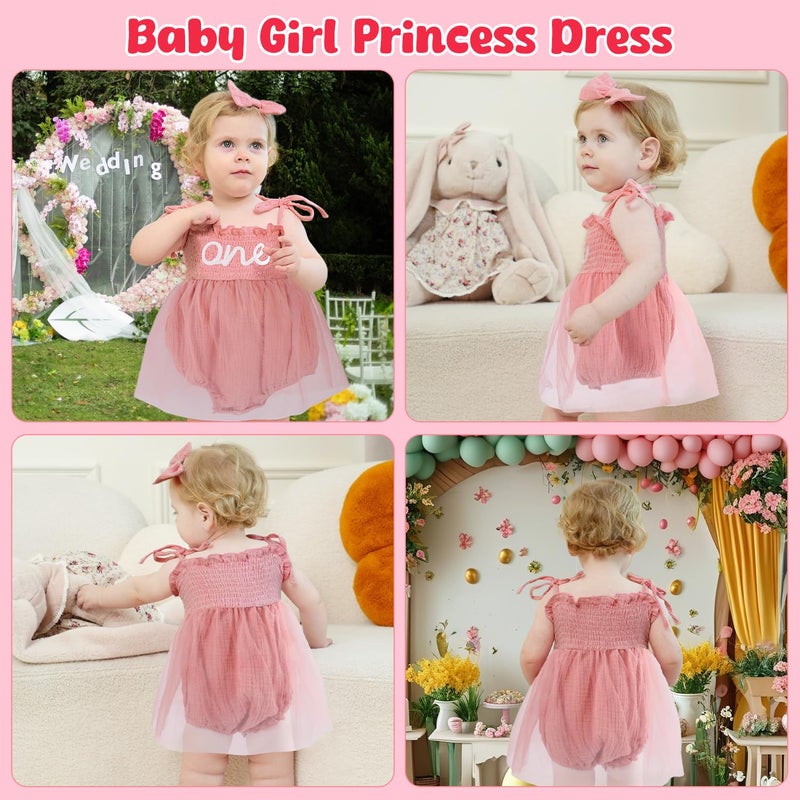 HONGTEYA Baby Girl 1st Birthday Outfit Girl First Birthday Clothes One Year Old Gifts Lace Romper Tulle Summer Newborn Dress (US, Age, 12 Months, 18 Months, Lotus Pink) - Image 4