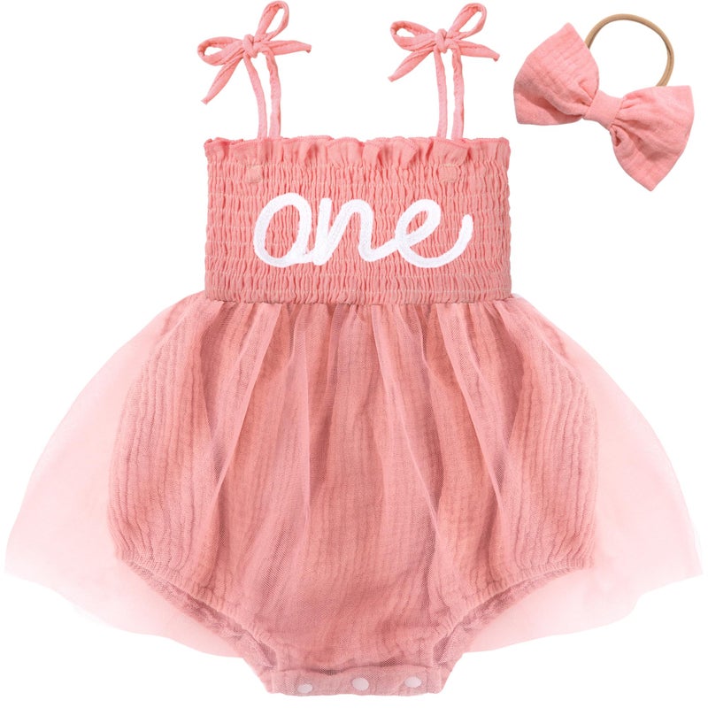 HONGTEYA Baby Girl 1st Birthday Outfit Girl First Birthday Clothes One Year Old Gifts Lace Romper Tulle Summer Newborn Dress (US, Age, 12 Months, 18 Months, Lotus Pink) - Image 1