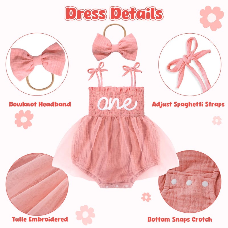 HONGTEYA Baby Girl 1st Birthday Outfit Girl First Birthday Clothes One Year Old Gifts Lace Romper Tulle Summer Newborn Dress (US, Age, 12 Months, 18 Months, Lotus Pink) - Image 3