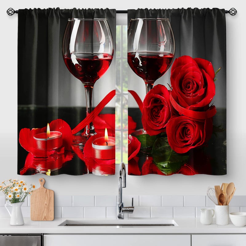 Aimego Wine Glass Red Rose Kitchen Curtains - Country Retro Romantic Flowers Rustic Short Cafe Tier Curtains Decor for Dining Room Valentine Floral Farmhouse Rod Pocket Window Drapes 2 Panels Set 28""x36"" - Image 1