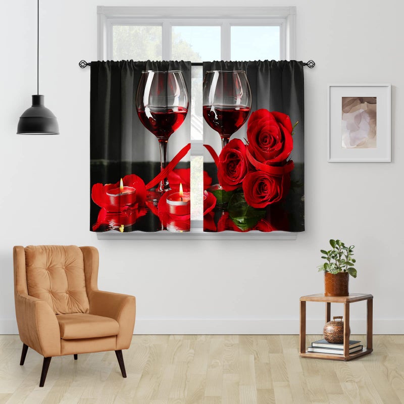 Aimego Wine Glass Red Rose Kitchen Curtains - Country Retro Romantic Flowers Rustic Short Cafe Tier Curtains Decor for Dining Room Valentine Floral Farmhouse Rod Pocket Window Drapes 2 Panels Set 28""x36"" - Image 2