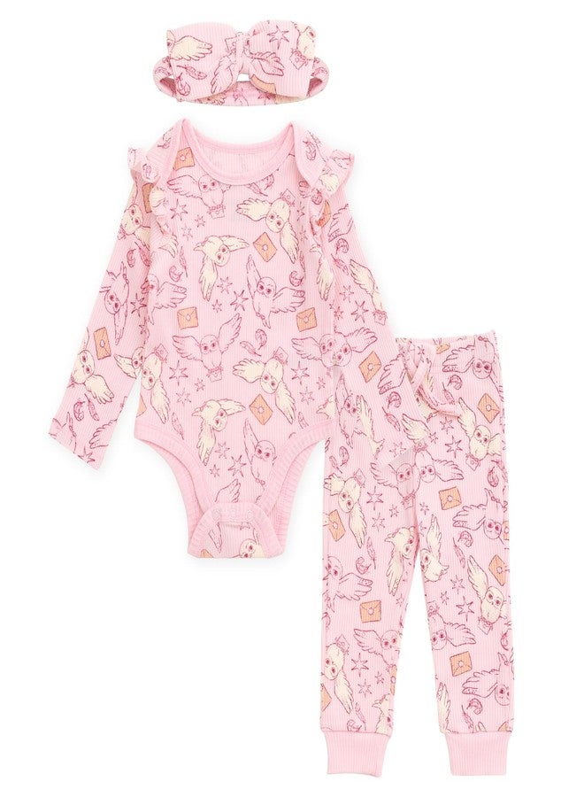 Harry Potter Hedwig Infant Baby Girls Ribbed Bodysuit, Jogger Pants and Headband 3 Piece Outfit Set Blush Pink 12 Months - Image 1